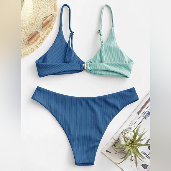 Women's Ribbed O-Ring String Bikini Swimsuit Thong Swimwear Two Pieces - Picture 6 of 11